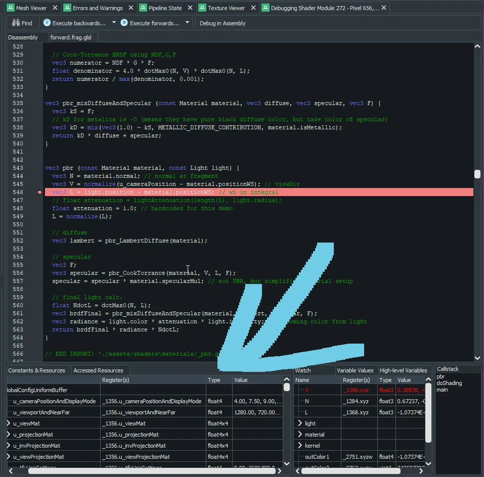 RenderDoc shader debugger with an arrow pointing to the 'Constants & Resources' window.