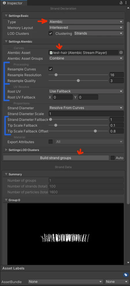 Hair asset settings.