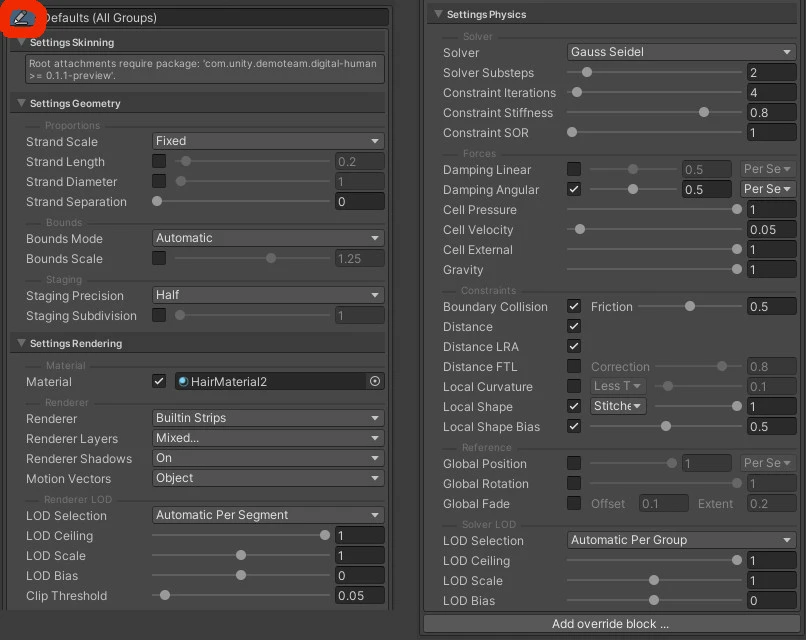 Unity hair strand settings. Subsections for skinning, geometry, rendering, and physics.
