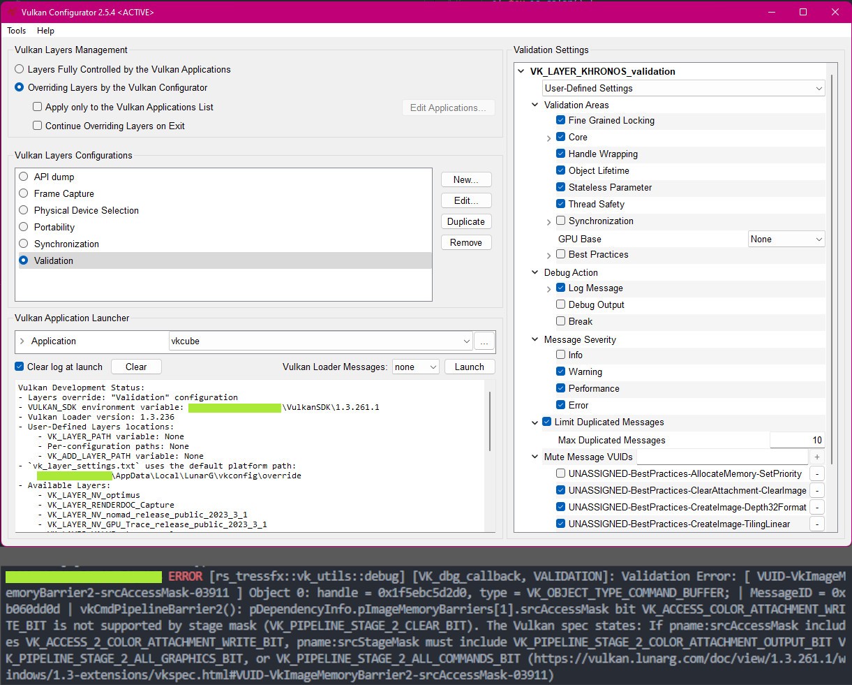 Vulkan Configurator with options. Example error message from validation layers below.