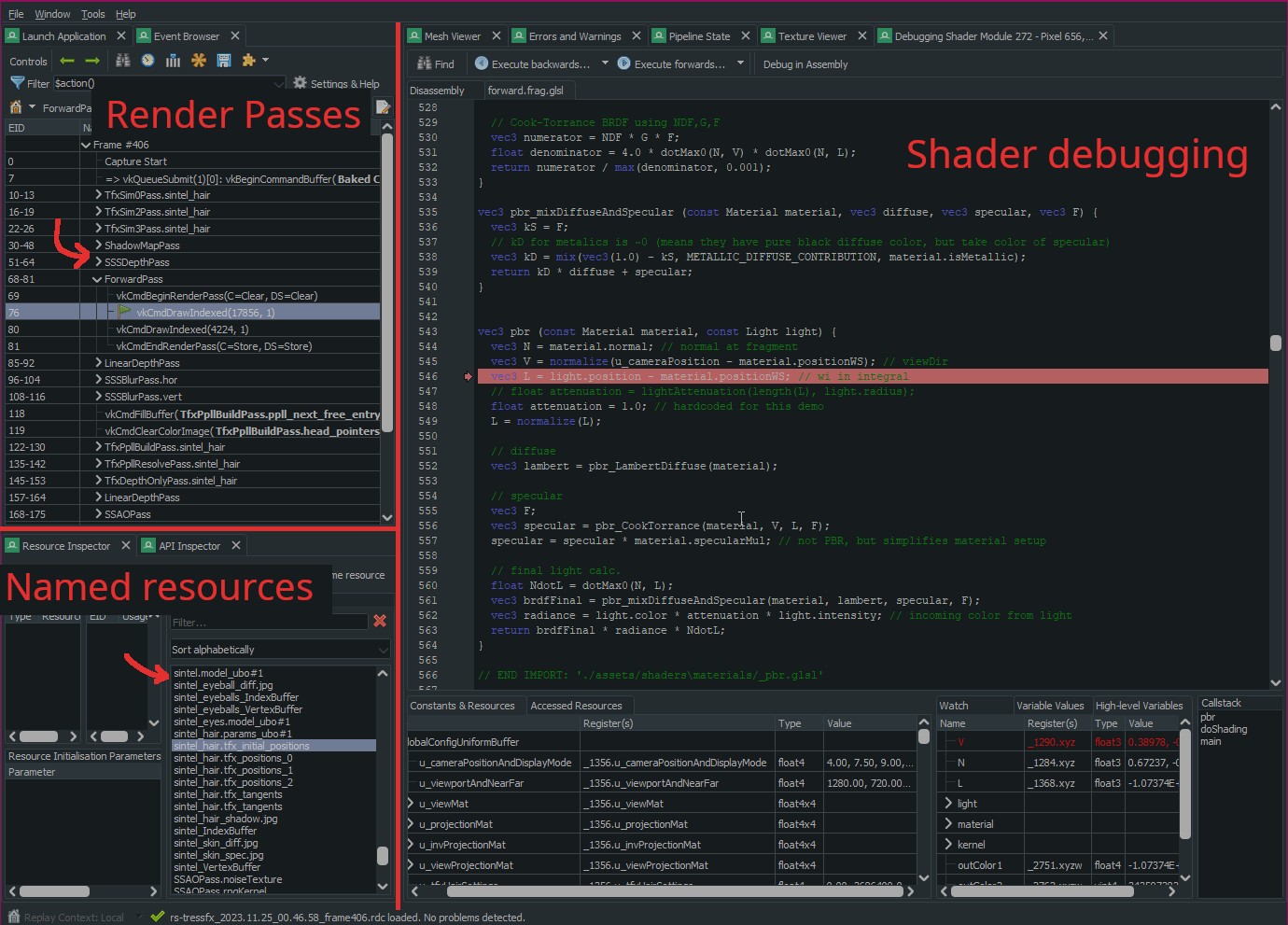 RenderDoc has separate windows that allow us to see all passes and resources (with custom labels). Shader debugger looks like one known from Visual Studio.