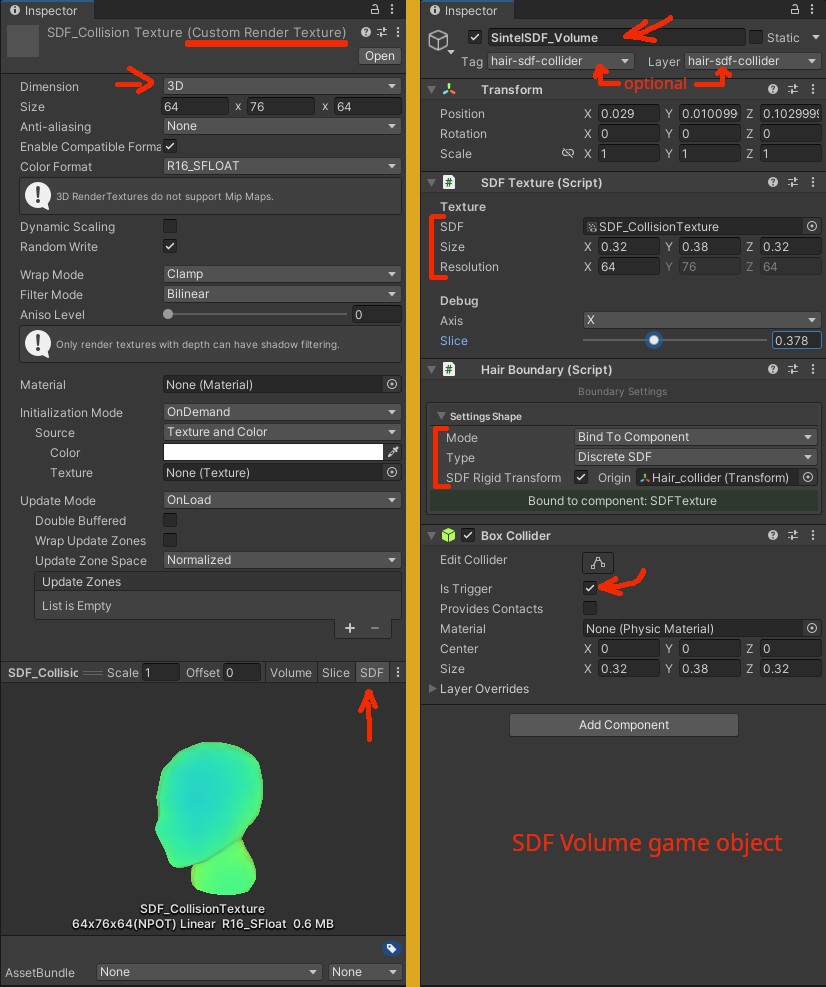 On the left are the settings for the 3D texture. On the right settings for the SDF volume game object.