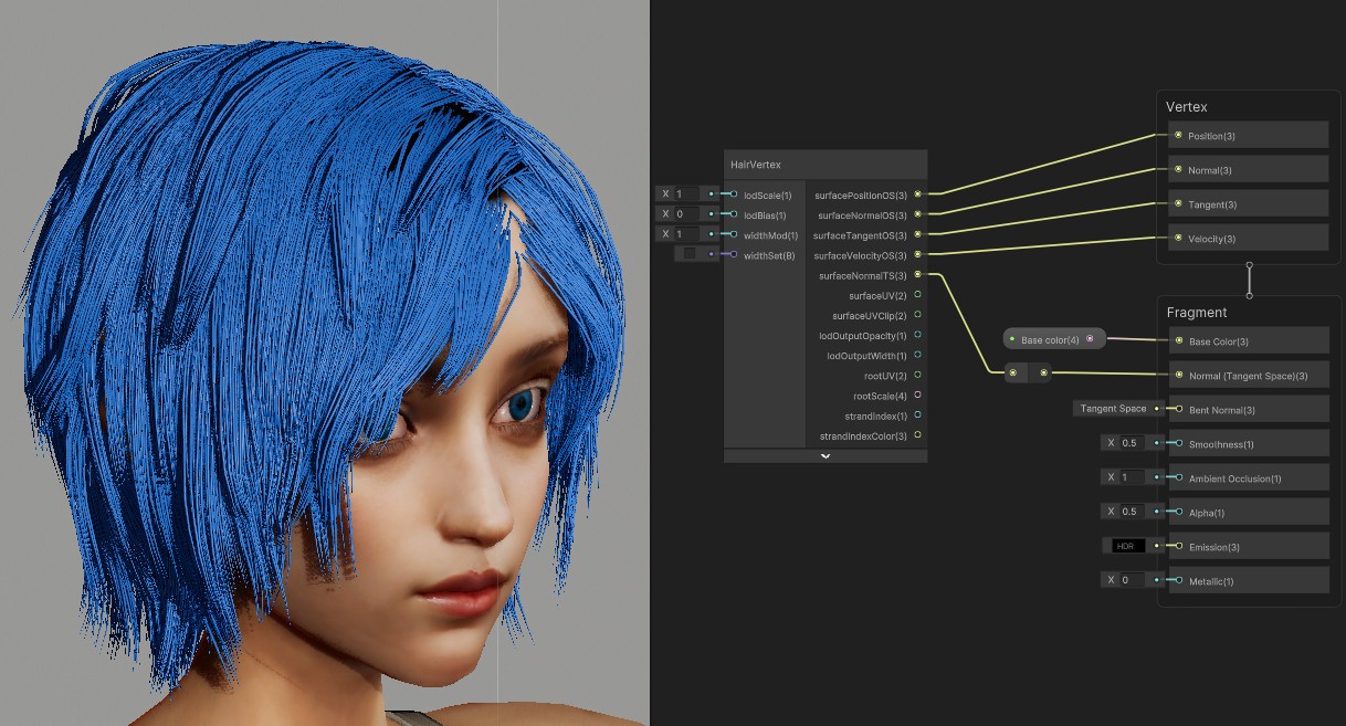 Example Unity shader graph with the resulting hair.