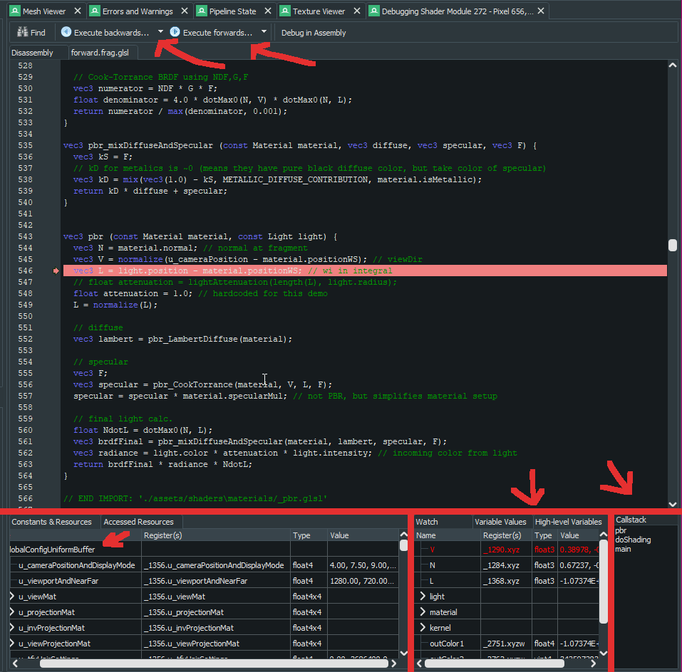 Fragment shader GLSL loaded in RenderDoc. Uniform buffers, local variables and call stack are easily accessible.