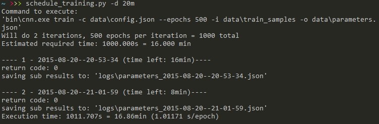 Output of schedule_training.py script. Contains used program args, iteration count, estimated time. After each iteration it saves subresults to a file.