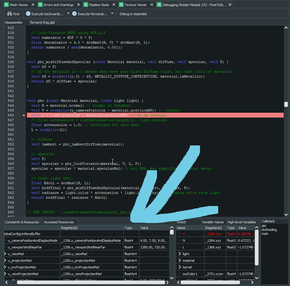 RenderDoc shader debugger with an arrow pointing to the 'Constants & Resources' window.